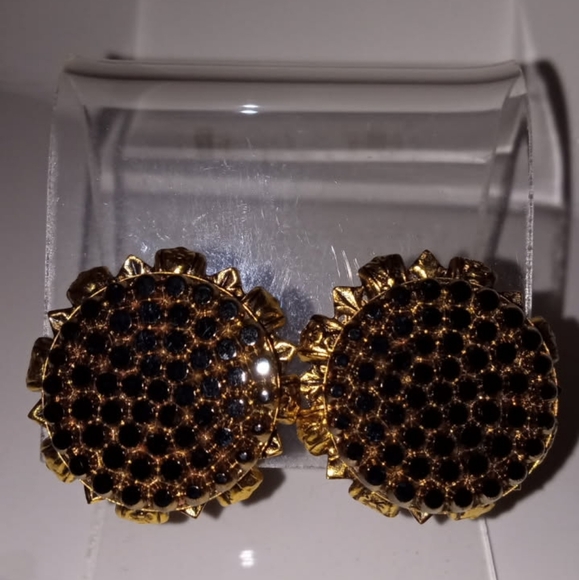 Vintage Earrings Black Glass Clip-on Pave Set Stones RARE Sunflower Center Look - Picture 1 of 5